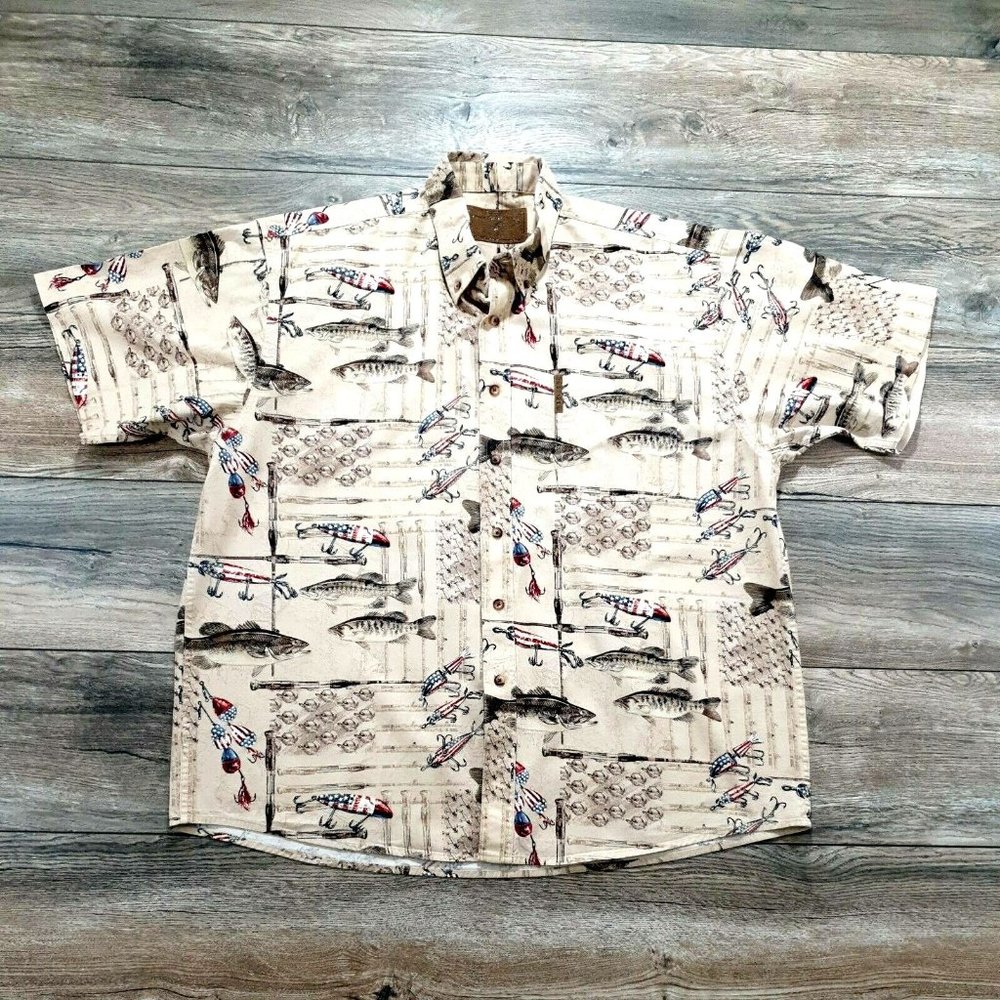 North River Mens XL Short Sleeve Shirt Patriotic Fish Lure Holiday Vacation Camp